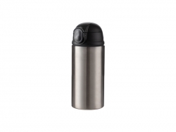 Engraving Blanks 12oz/360ml Powder Coated Kids SS Bottle with Silicon Straw &amp; Black Lid (Silver)