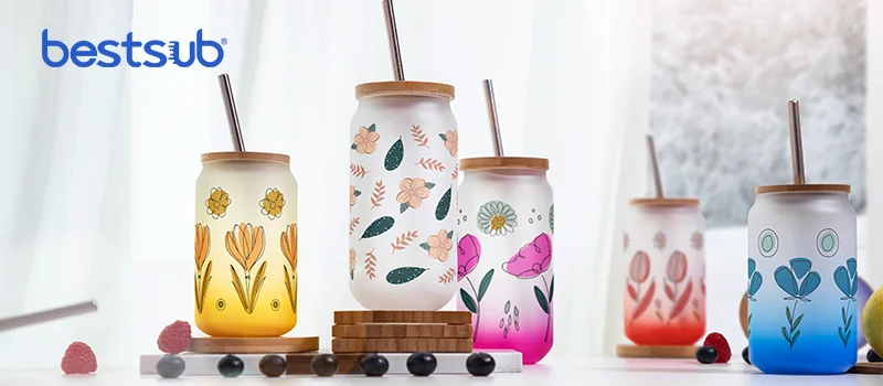 Gradient Can Shaped Glass Frosted Sublimation Tumblers With Bamboo