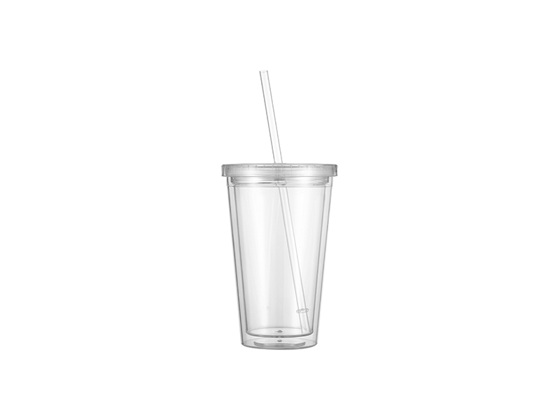 16oz/473ml Double Wall Clear Plastic Tumbler with Straw & Lid