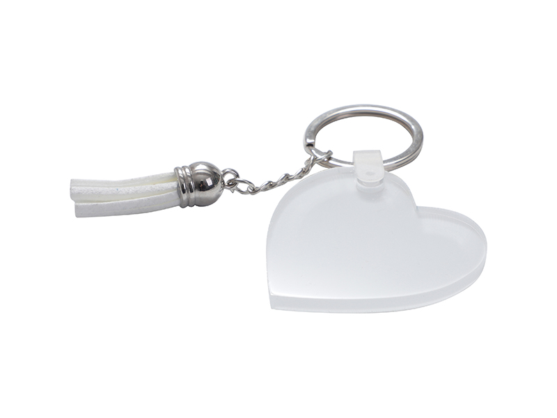 Sublimation Blanks Acrylic Keyring W/ White Tassel (Heart, 5*5*0.4