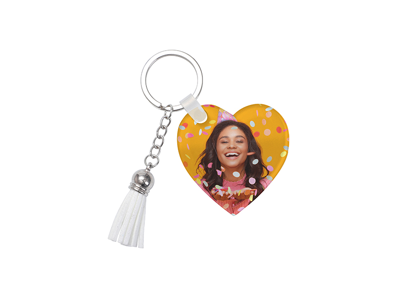 Sublimation Blanks Acrylic Keyring W/ White Tassel (Heart, 5*5*0.4