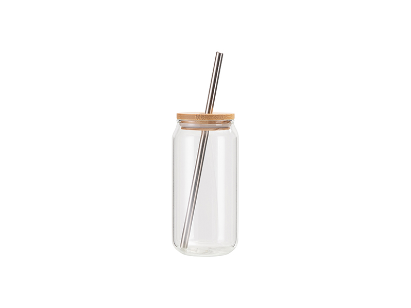Vaso con tapa de bambú y pajita de cristal transparente (A/H/D) 8x16x8cm,  590ml