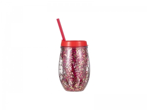 10oz/300ml Double Wall Clear Plastic Stemless Cup (Red, w/ Red &amp; Gold Glitters)