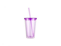 16oz/473ml Double Wall Clear Plastic Tumbler with Straw &amp; Lid (Light Purple)