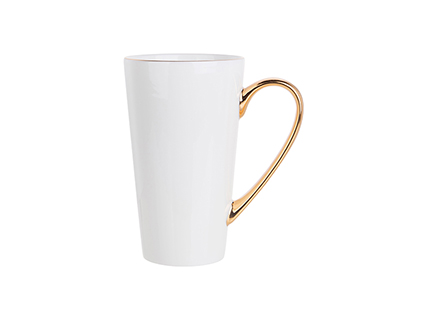 Taza Cerámica Cónica 14oz Asa y Borde Dorado