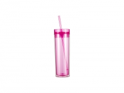 16oz/473ml Double Wall Clear Plastic Skinny Tumbler with Straw &amp; Lid (Rose Red)