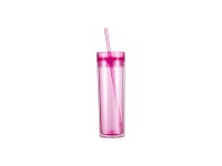 16oz/473ml Double Wall Clear Plastic Skinny Tumbler with Straw &amp; Lid (Rose Red)