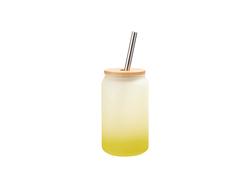 Copo Vidro 13oz/400ml Cor Degradado Amarelo Limão com Tampa de bambu e canudo de inox