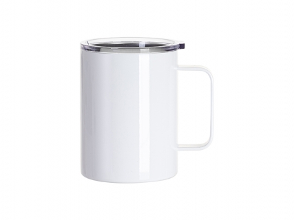 Taza de Cafe Acero Inoxidable 13oz/400ml con Tapa Plana Transparente y Asa (Blanco)