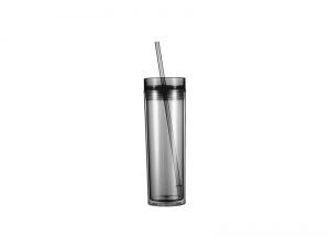 16oz/473ml Double Wall Clear Plastic Skinny Tumbler with Straw &amp; Lid (Gray)