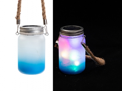 15oz/450ml Sublimation Blanks Mason Jar w/ Lantern Lid and Hemp Rope Handle (Frosted, Gradient Light Blue)