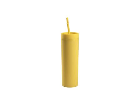 Copo Plástico Dupla Capa 16oz/473ml com Tampa e Canudo (Amarelo, Pintado)