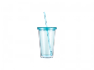 16oz/473ml Double Wall Clear Plastic Tumbler with Straw &amp; Lid (Light Blue)