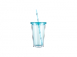 16oz/473ml Double Wall Clear Plastic Tumbler with Straw &amp; Lid (Light Blue)