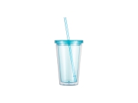 16oz/473ml Double Wall Clear Plastic Tumbler with Straw &amp; Lid (Light Blue)