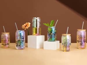 Sublimation Blanks 13oz/400ml Clear Iridescent Glass Can with Bamboo Lid