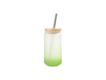 Vaso Cristal 18oz/550ml Color Degradado Verde con Tapa de bambú y pajita de acero inoxidable