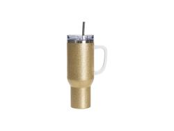 Vaso de viaje con purpurina de acero inoxidable de 40 oz / 1200 ml con tapa y pajita (Dorado)