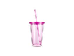 Vaso Plástico Doble Capa 24OZ/700ml con Tapa y Pajita (Fúcsia)