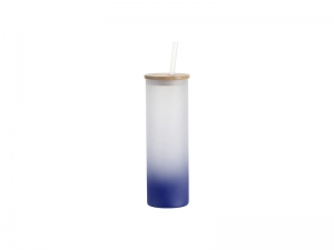 Sublimation Blanks 20oz/600ml Glass Skinny Tumbler w/Straw &amp; Bamboo Lid(Frosted, Gradient Dark Blue)