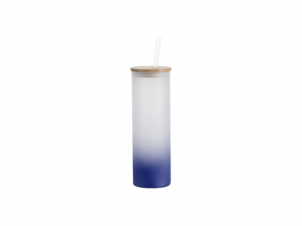 Sublimation Blanks 20oz/600ml Glass Skinny Tumbler w/Straw &amp; Bamboo Lid(Frosted, Gradient Dark Blue)