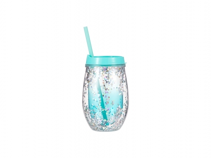 10oz/300ml Double Wall Clear Plastic Stemless Cup (Light Blue, w/ Silver Glitters)