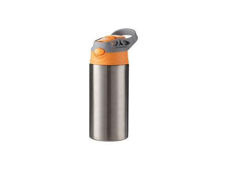 Garrafa Infantil Inox com Canudo de Silicone e Tampa Laranja de 12oz/360ml (Prateado)