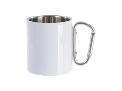 Sublimation Blanks 300ml Stainless Steel Mug w/ Silver Carabiner Handle (White)