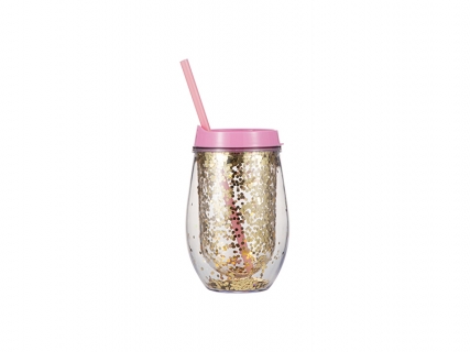 10oz/300ml Double Wall Clear Plastic Stemless Cup (Light Pink, w/ Gold Glitters)