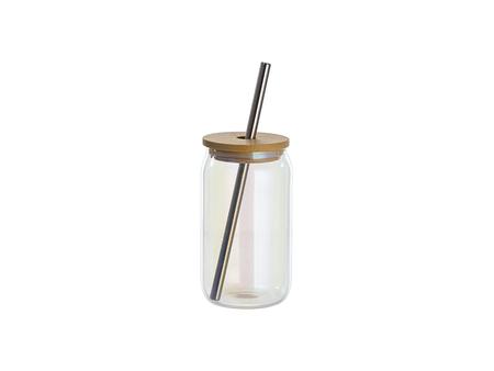 Vaso de Cristal Transparente en Forma de lata Efecto Brillante 13oz/400ml con tapa de bambú (Morado)