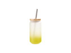 Copo Vidro 18oz/550ml Cor Degradado Amarelo Limão com Tampa de bambu e canudo de inox