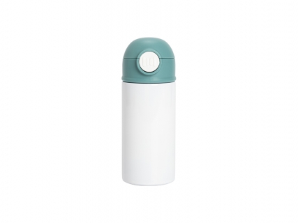 Sublimation 12oz/360ml Kids Stainless Steel Water Bottle With Plastic Straw &amp; Green Cap(White)