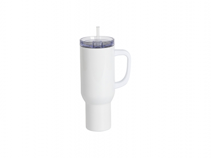 40oz/1200ml White Sublimation Stainless Steel Travel Tumbler with Lid &amp; Straw(3D Heat Resistant White Plastic Handle)