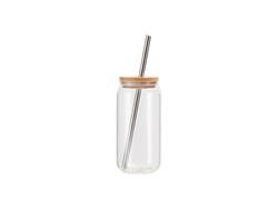 Copo de Vidro transparente 18oz/550ml com Tampa de bambu e canudo de inox