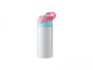 12oz/360ml Sublimation Blanks Kids Stainless Steel Bottle With Silicon Straw &amp;Pink Cap(White)