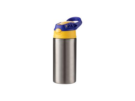 Garrafa Infantil Inox com Canudo de Silicone e Tampa Azul de 12oz/360ml (Prateado)