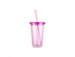 16oz/473ml Double Wall Clear Plastic Tumbler with Straw &amp; Lid (Rose Red)