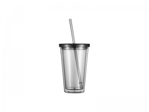 16oz/473ml Double Wall Clear Plastic Tumbler with Straw &amp; Lid (Light Gray)