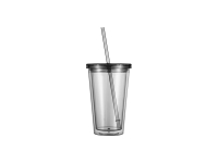 16oz/473ml Double Wall Clear Plastic Tumbler with Straw &amp; Lid (Light Gray)