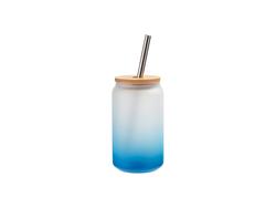 Copo Vidro 13oz/400ml Cor Degradado Azul Claro com Tampa de bambu e canudo de inox