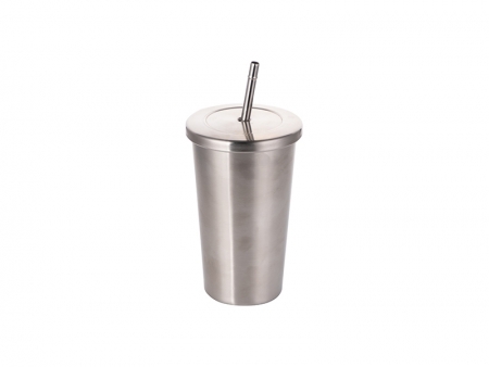 Vaso 18oz/550ml Acero Inoxidable con Tapa y Pajita (Plateado)