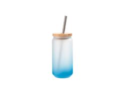 Copo Vidro 18oz/550ml Cor Degradado Azul Claro com Tampa de bambu e canudo de inox