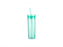 16oz/473ml Double Wall Clear Plastic Skinny Tumbler with Straw &amp; Lid (Light Green)