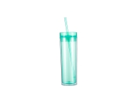 16oz/473ml Double Wall Clear Plastic Skinny Tumbler with Straw &amp; Lid (Light Green)