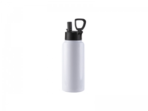 32oz/950ml Sublimation Blank Stainless Steel Water Bottles with Wide Mouth Straw Lid &amp; Rotating Handle (White)