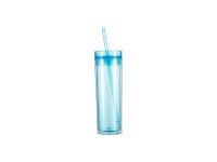 16oz/473ml Double Wall Clear Plastic Skinny Tumbler with Straw &amp; Lid (Light Blue)