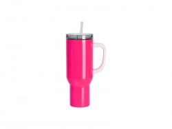 Sublimation Blanks 40oz/1200ml Stainless Steel Fluorescent Pink Travel Tumbler with Lid &amp; Straw(White Handle)