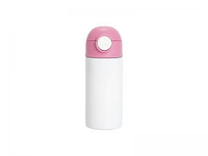 12oz/360ml White Sublimation Kids Stainless Steel Water Bottle with Plastic Straw &amp; Pink Cap