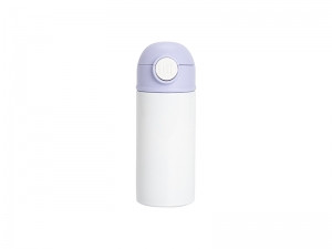 12oz/360ml White Sublimation Kids Stainless Steel Water Bottle with Plastic Straw &amp; Purple Cap