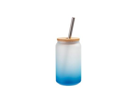 Vaso Cristal 13oz/400ml Color Degradado Azul Celeste con Tapa de bambú y pajita de acero inoxidable